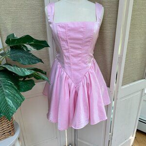 Shein pink mini dress, formal mini dress, light pink satin party dress, big bow